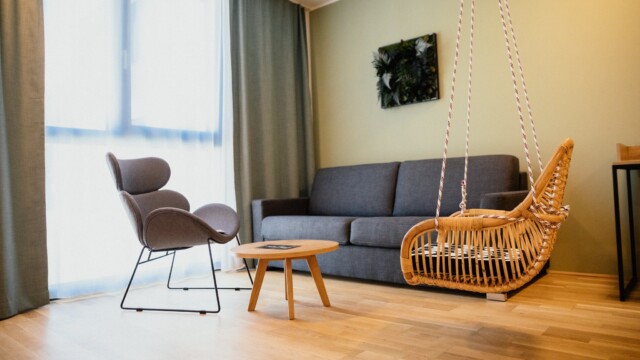 Graues Schlafsofa vor grüner Wand mit grauem Sessel