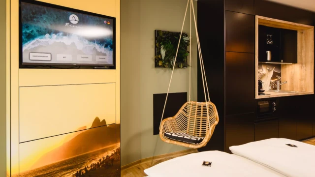 TV und Hanging Chair vor grüner Wand